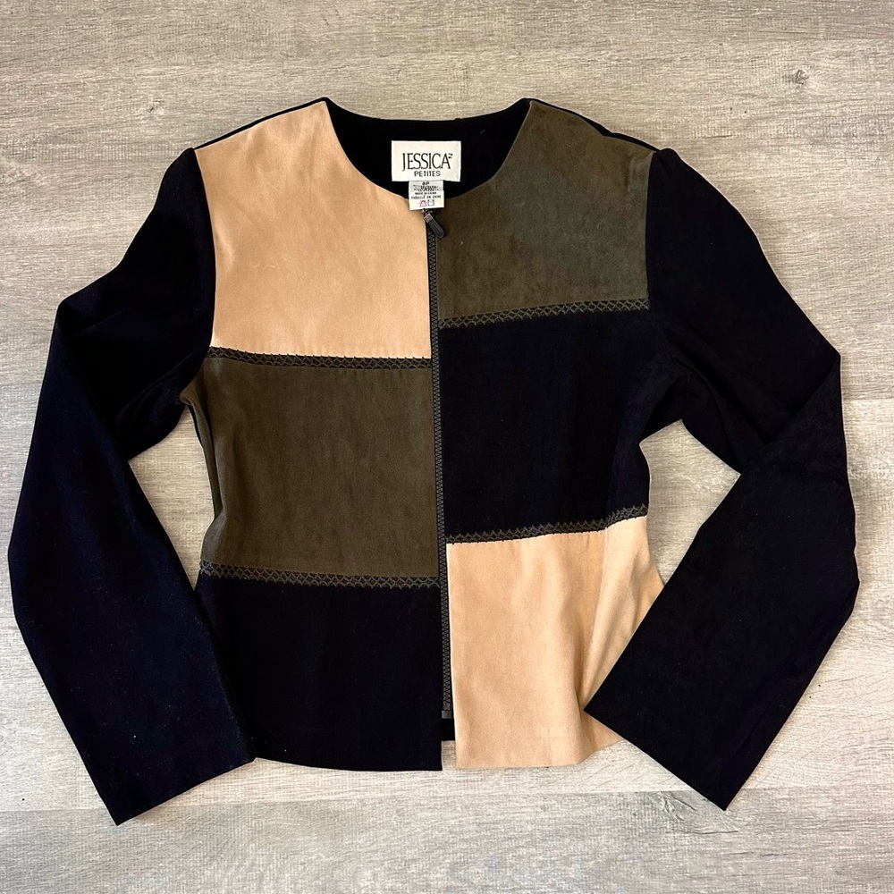Jessica 90s colorblock faux suede jacket in black/tan/olive jacket shoulder pad